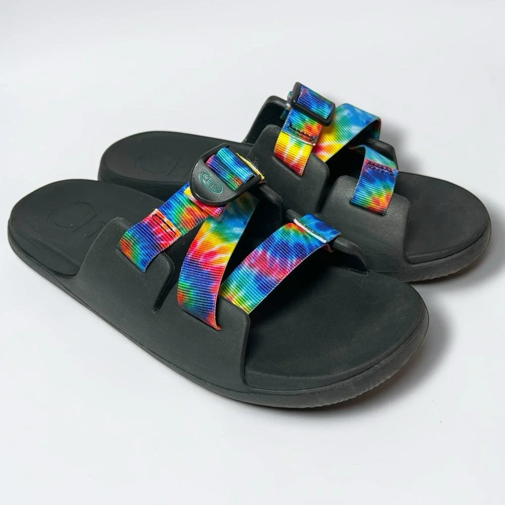 Chaco Chillos Kids Youth 6 Slide Sandal Tie Dye Black/Rainbow Nylon Slip On